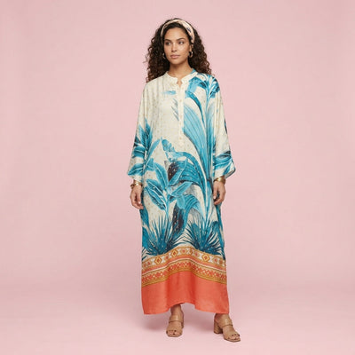 Vestido Blusa Estampado — Branco, Azul e Laranja