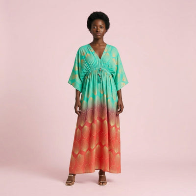 Vestido Estampado — Verde e Coral