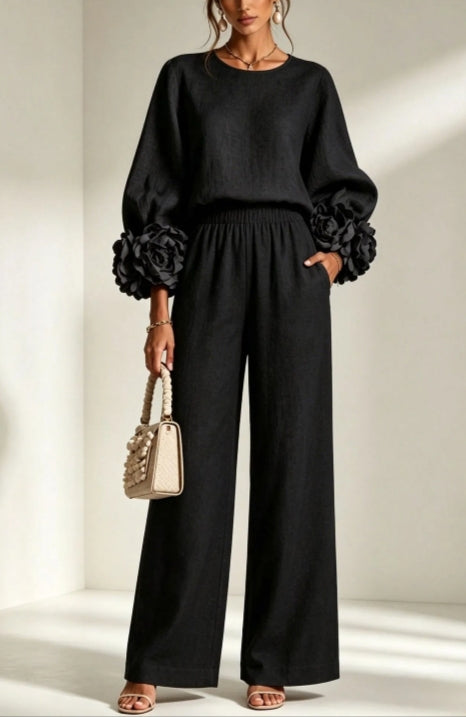 Conjunto feminino estilo francês de algodão e linho