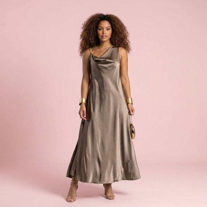 Vestido Acetinado Drapeado com Acessório Dourado — Taupe