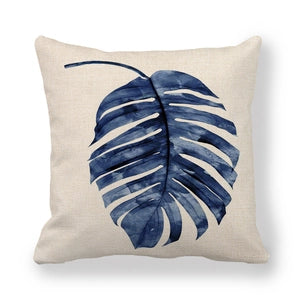 Capa de Almofada Folha de Monstera — Cru e Azul