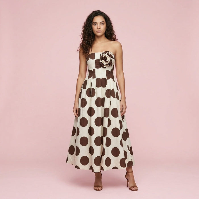 Vestido Polka Dots Panot com Flor — Bege