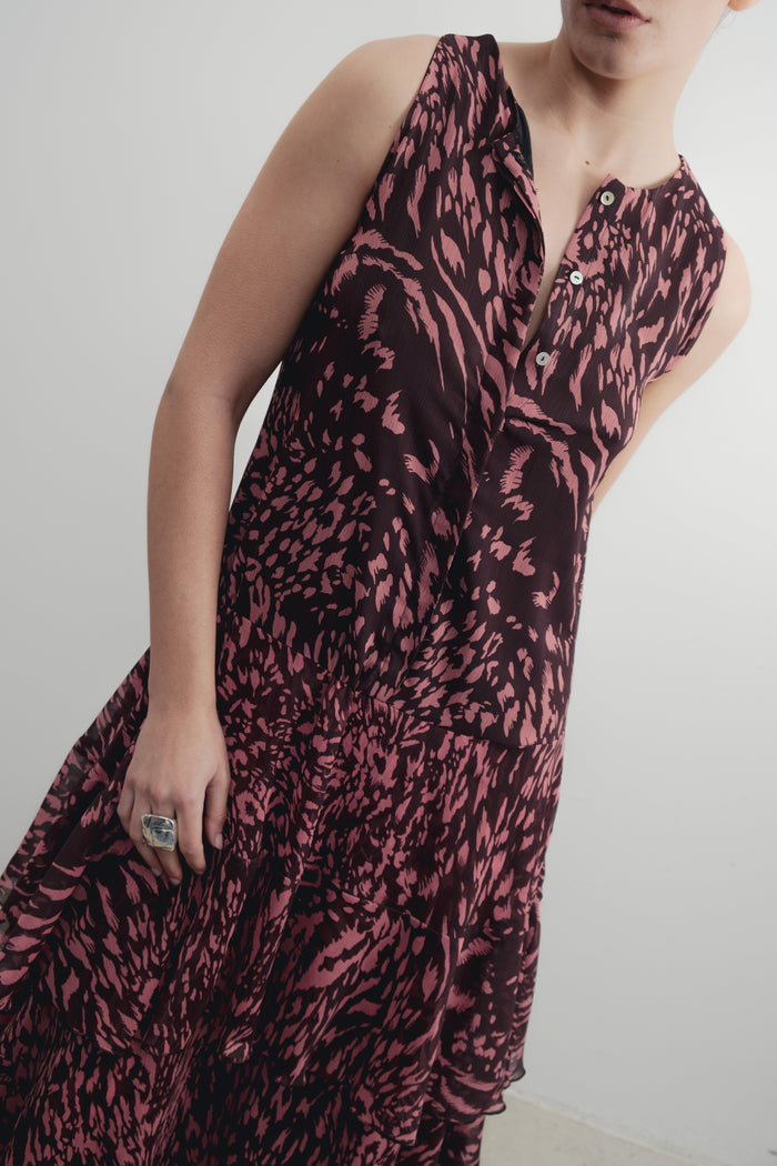 Vestido Longo Estampado com Folhos