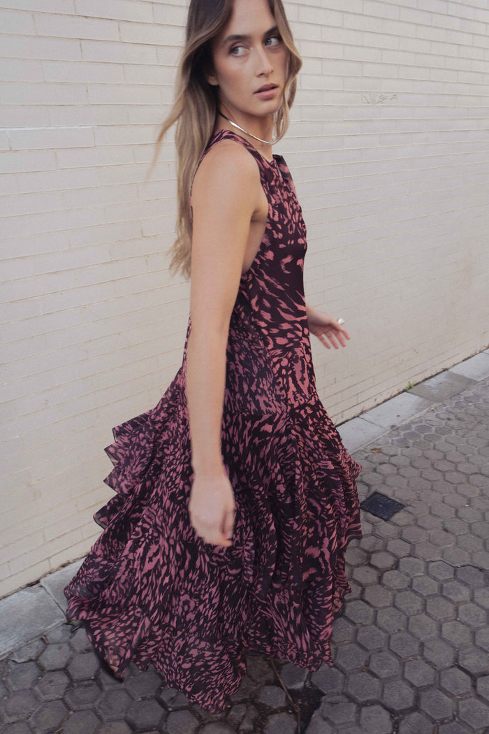 Vestido Longo Estampado com Folhos