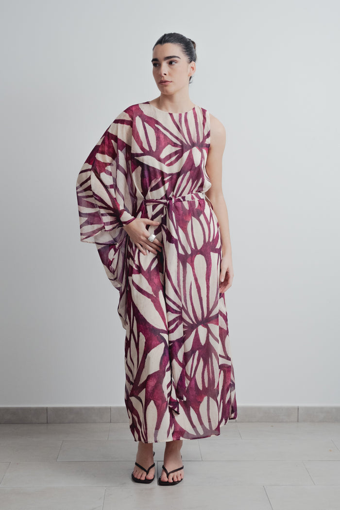 Vestido Assimétrico Floral Bordeaux