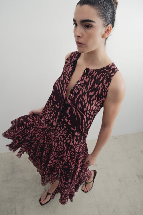 Vestido Longo Estampado com Folhos