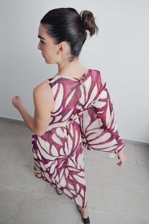 Vestido Assimétrico Floral Bordeaux