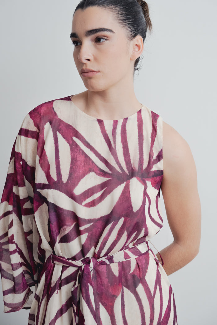 Vestido Assimétrico Floral Bordeaux