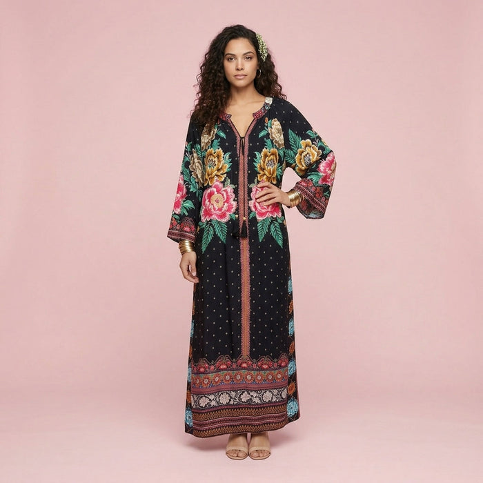 Vestido Estampado Preto — Floral Mexicano