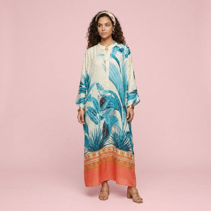 Vestido Blusa Estampado — Branco, Azul e Laranja