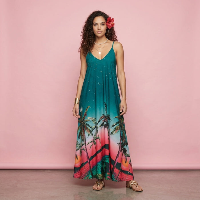 Vestido Estampado Tropical — Verde Palmeiras