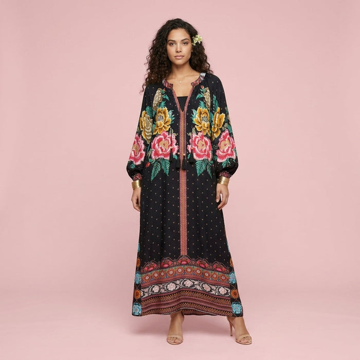Vestido Estampado Preto — Floral Mexicano
