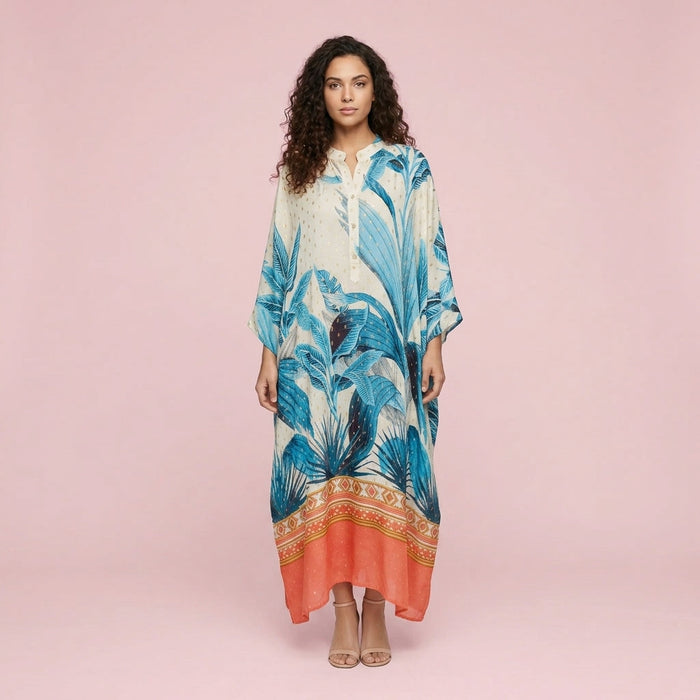 Vestido Blusa Estampado — Branco, Azul e Laranja