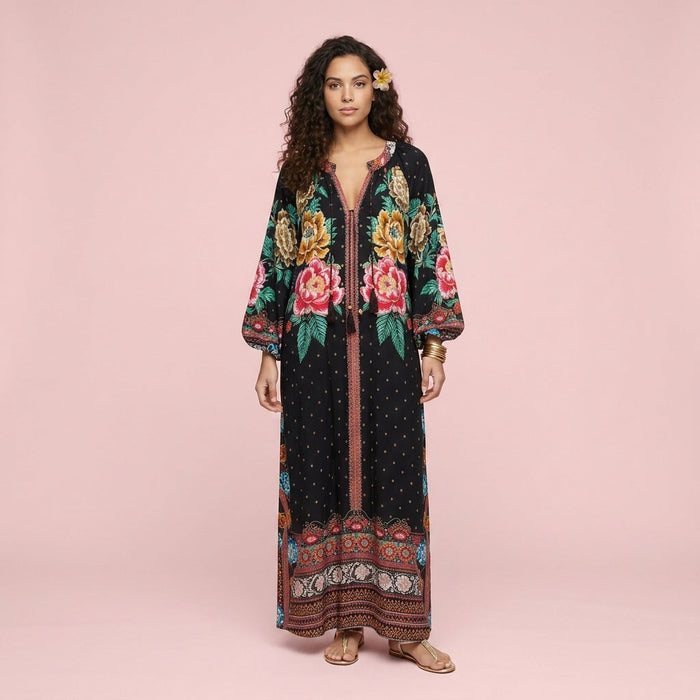 Vestido Estampado Preto — Floral Mexicano
