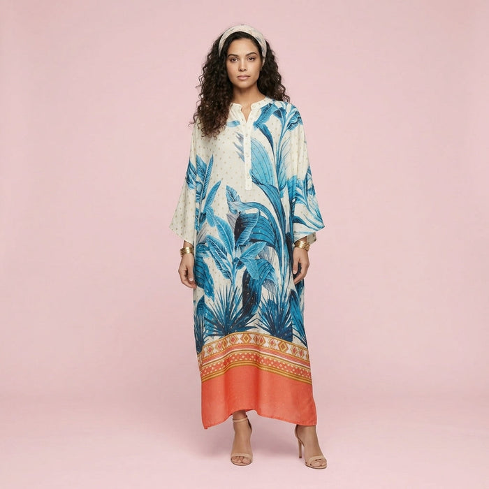 Vestido Blusa Estampado — Branco, Azul e Laranja